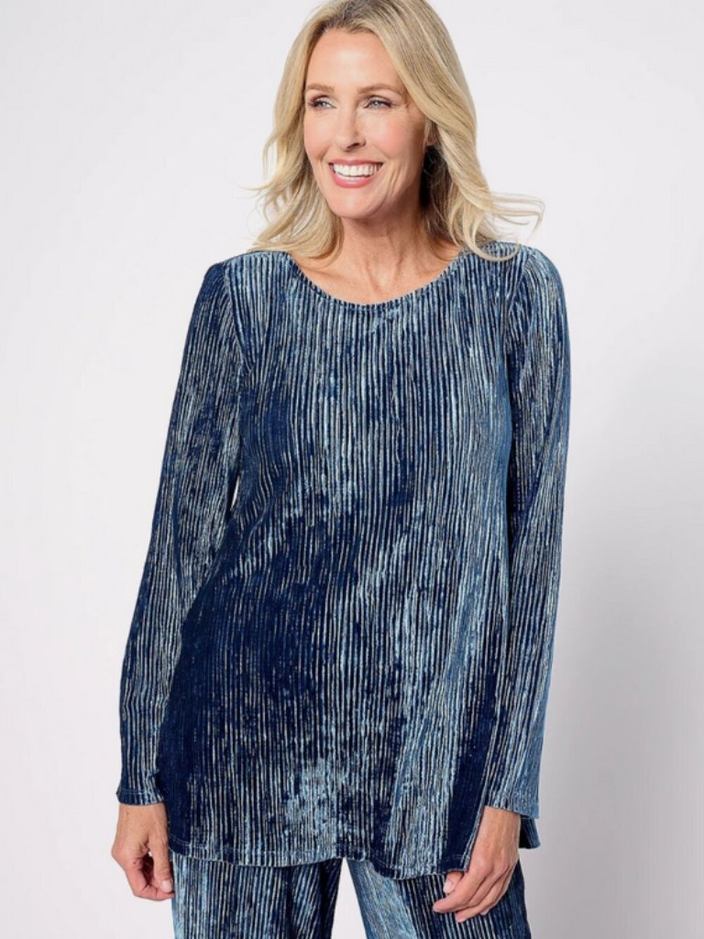 Dennis Basso Striped Stretch Velvet Tunic w/ Bell Sleeves Petrol Blue Size Small